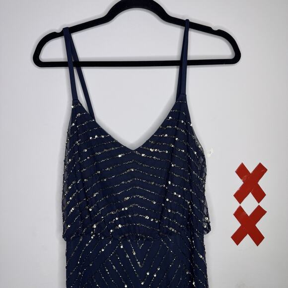 ADRIANNA PAPELL Navy Beaded Gown Embellished Slip Dress Fairy Whimsygoth Mesh 8 - Picture 4 of 8